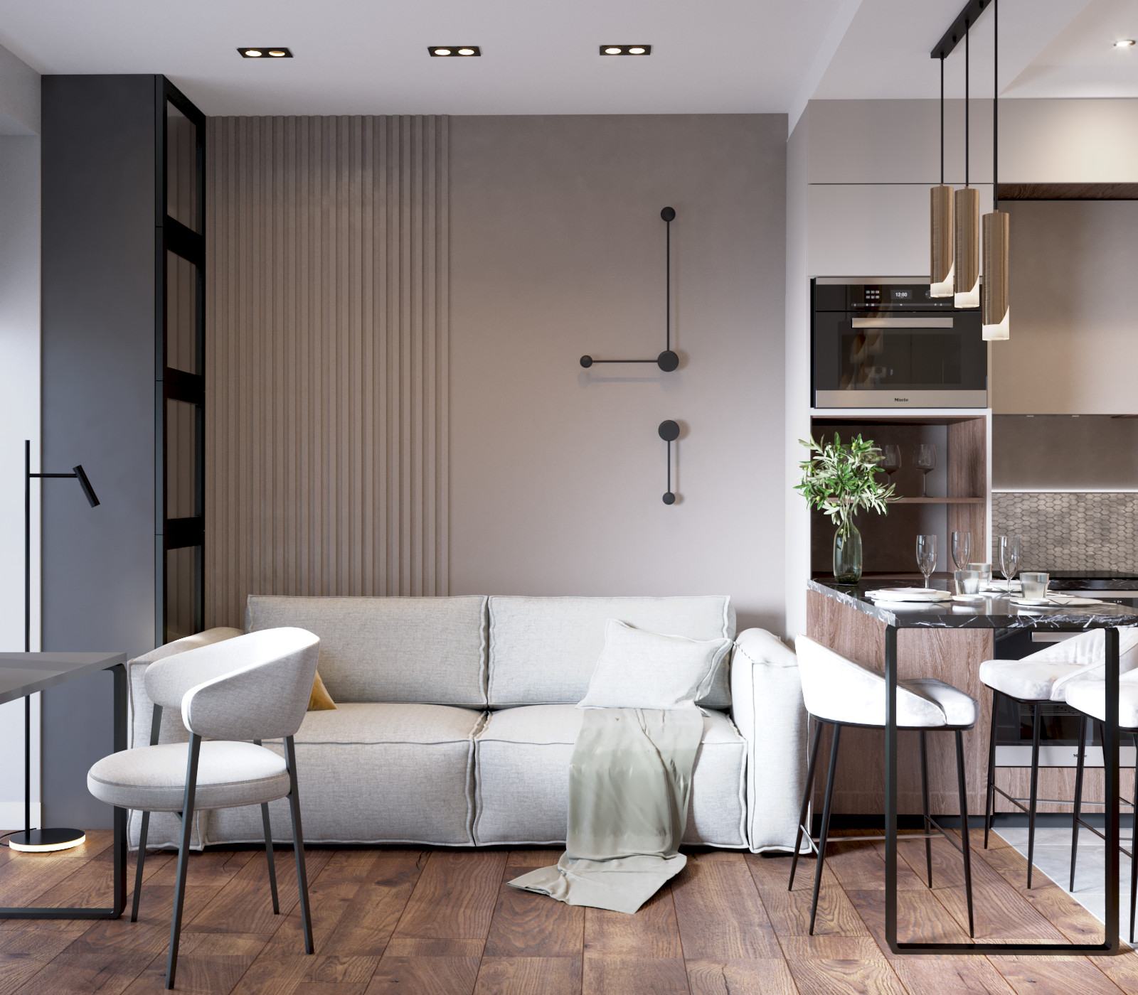 Кухня-гостиная в однокомнатной квартире в ЖК "Селигер Сити"