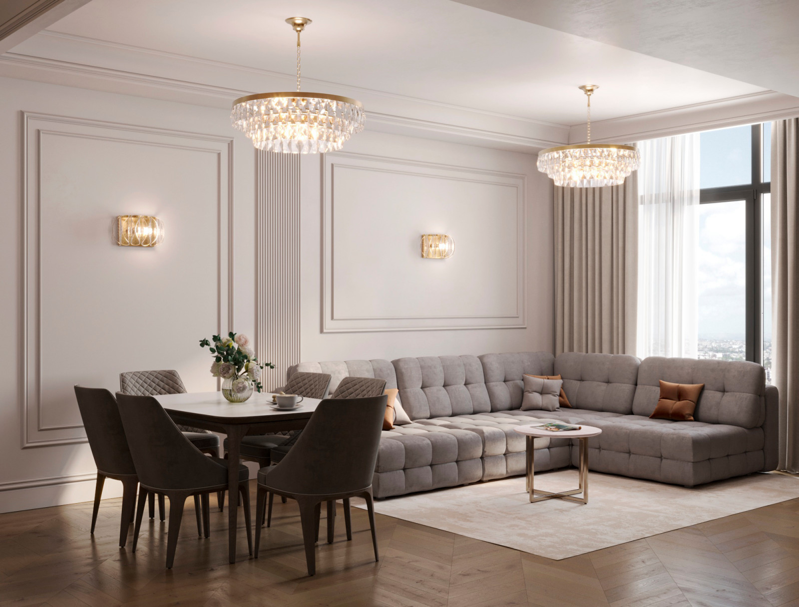 Кухня-гостиная нео-классика светлый вариант