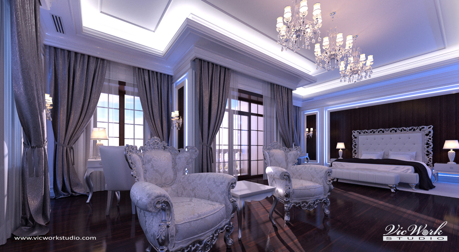 Luxury neoclassical bedroom interior. Bedroom in the H Residence