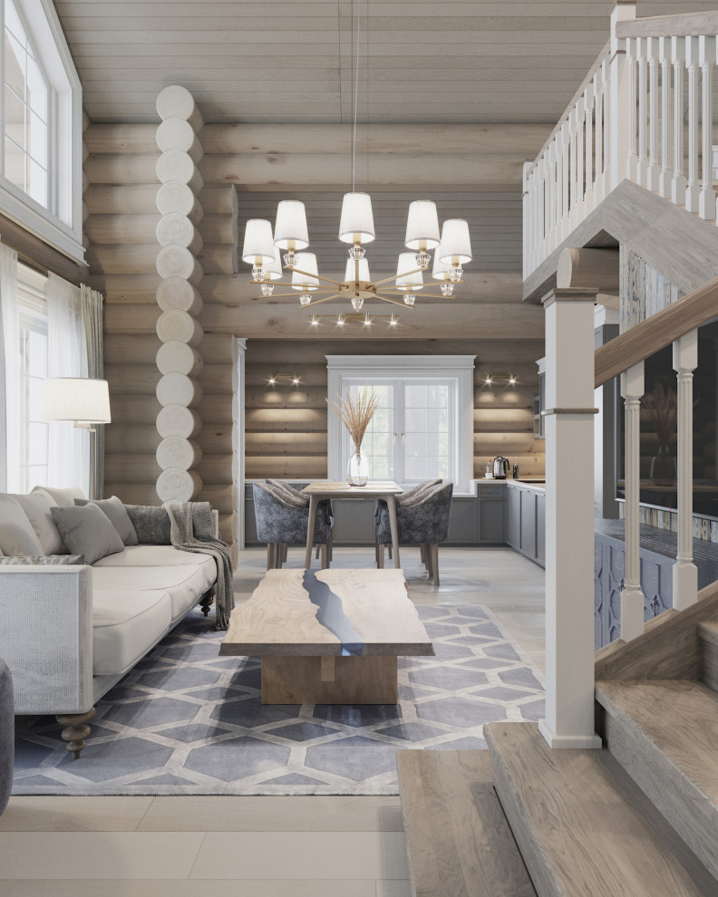 Проект интерьера загородного бревенчатого дома в стиле неоклассика