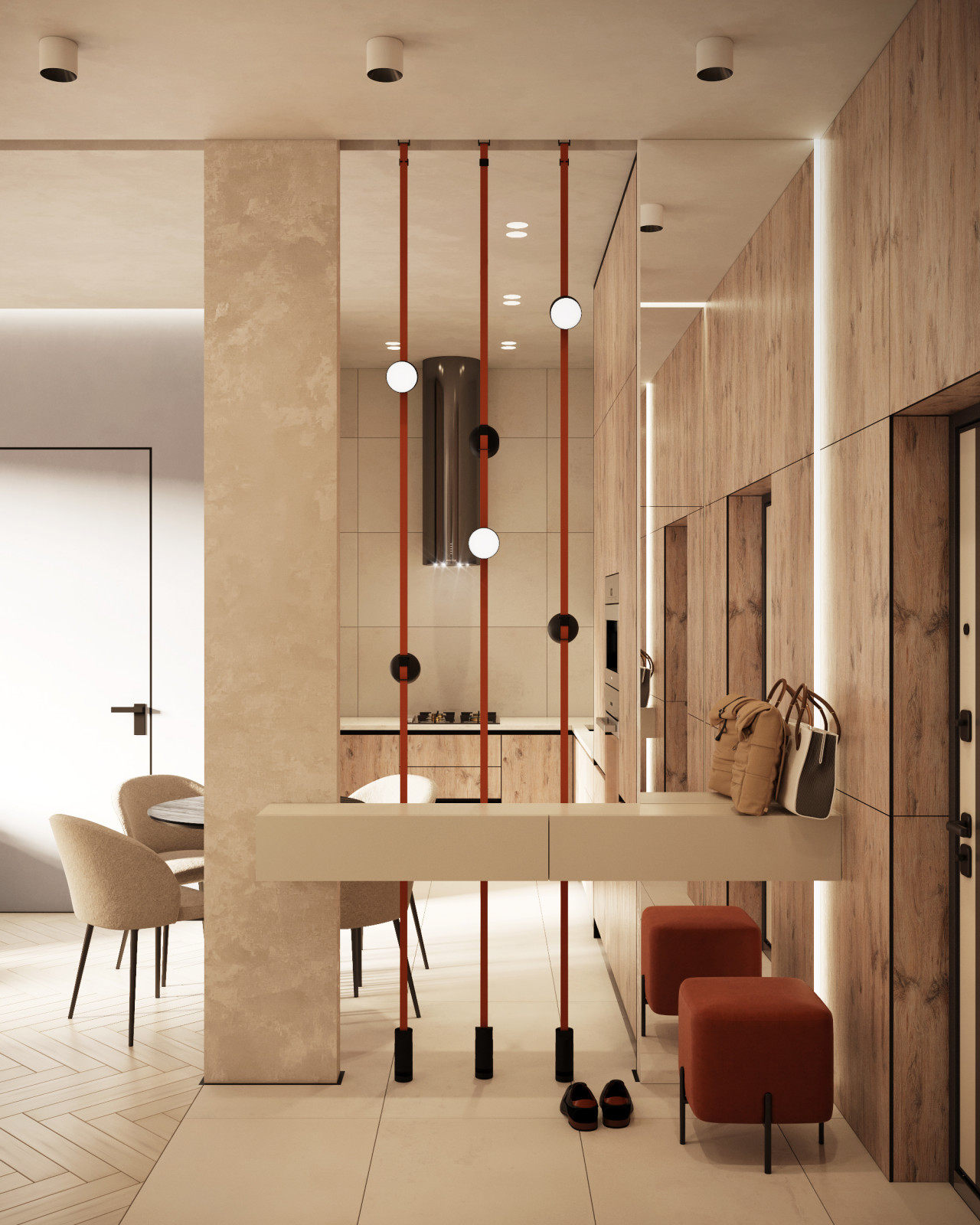 Большое заркало и тумба для сумок и мелочей при входе в квартиру