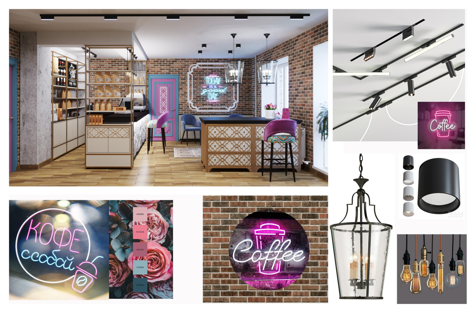 Дизайн интерьера магазина парфюмерии с зоной кафе в аутентичном стиле.