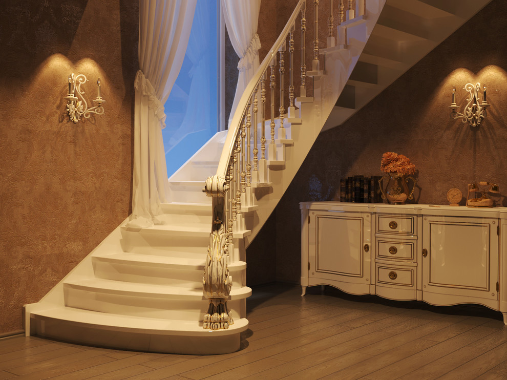 3D визуализации светлой лестницы с золотой патиной