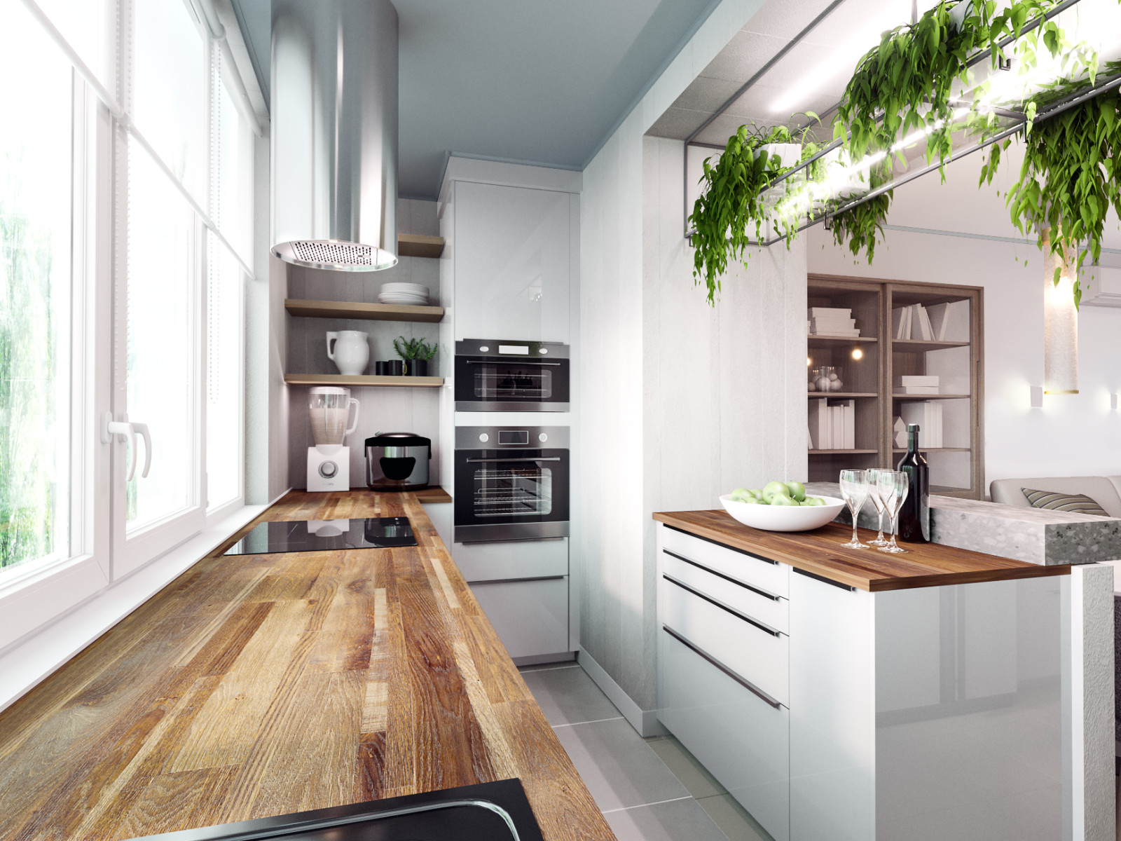 Soft-minimal кухня-гостиная с панорамным остеклением