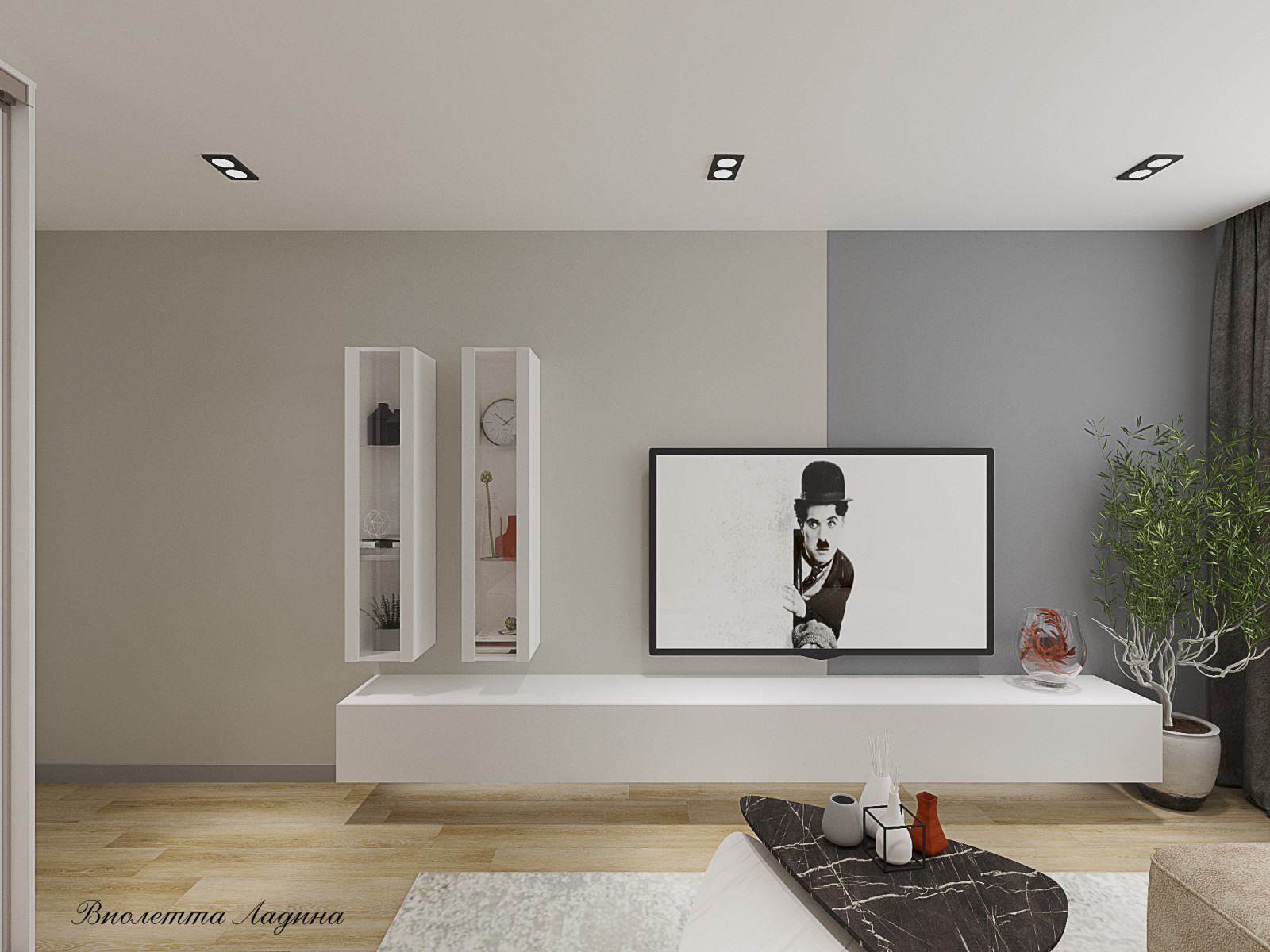 Трешка в панельном доме в современном стиле с голубым акцентом.