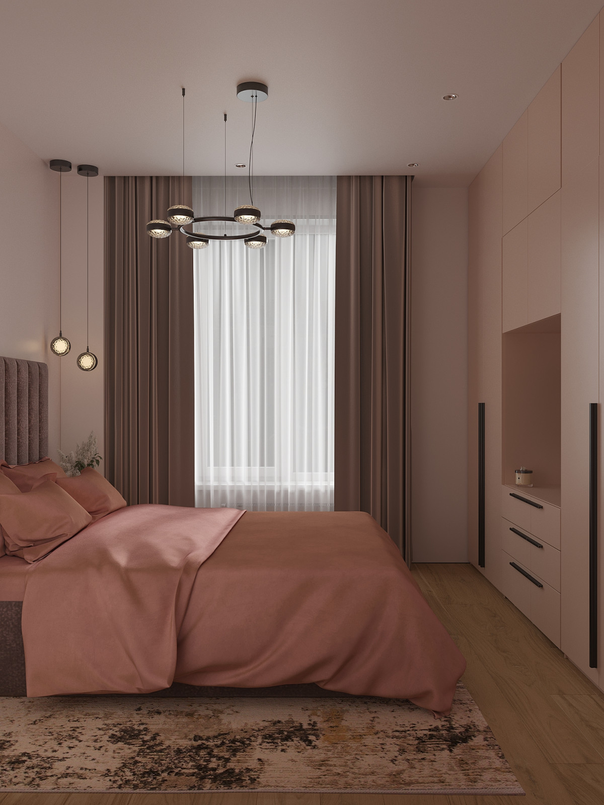 Спальня с дневным и вечерним сценариями освещения