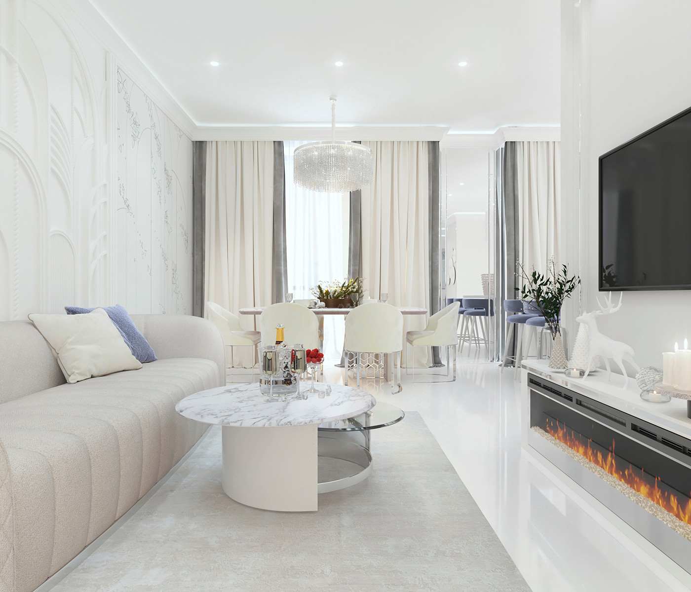 Роскошный белый интерьер в стиле ар-деко 105 кв.м. в ЖК ФИЛИ СИТИ