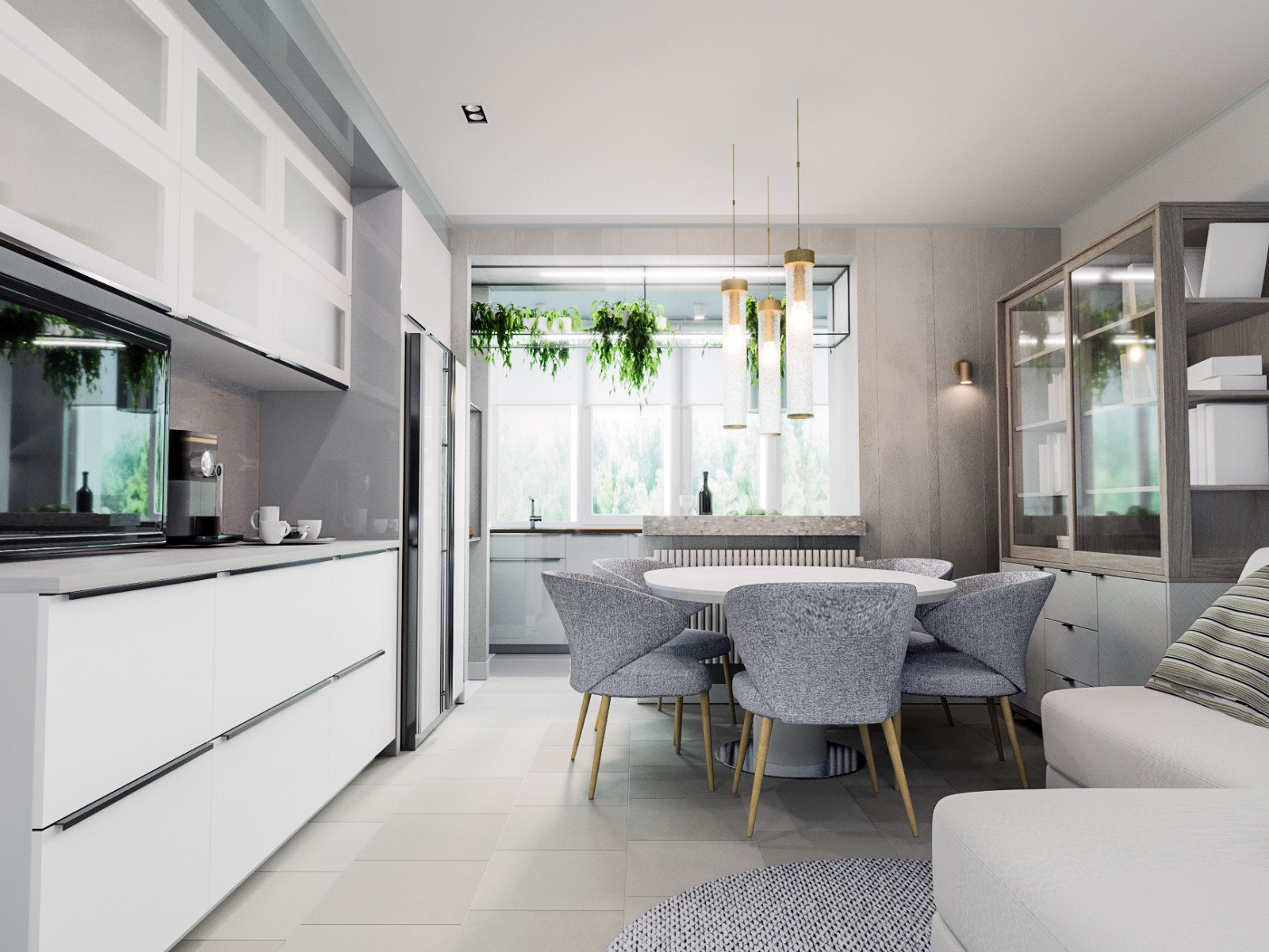 Soft-minimal кухня-гостиная с панорамным остеклением