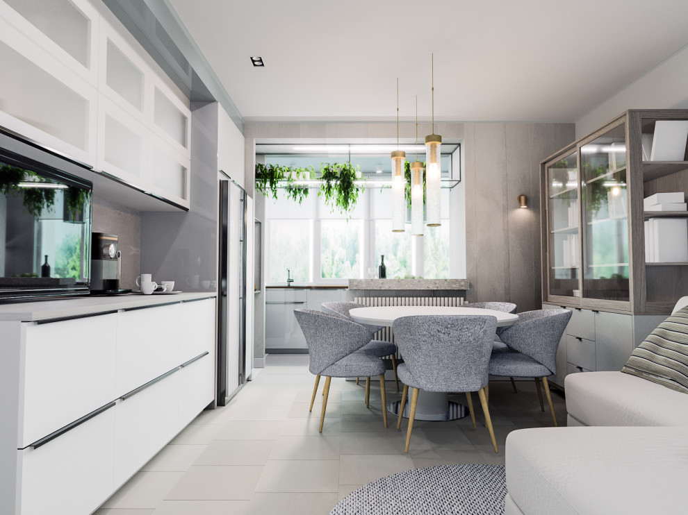 Soft-minimal кухня-гостиная с панорамным остеклением