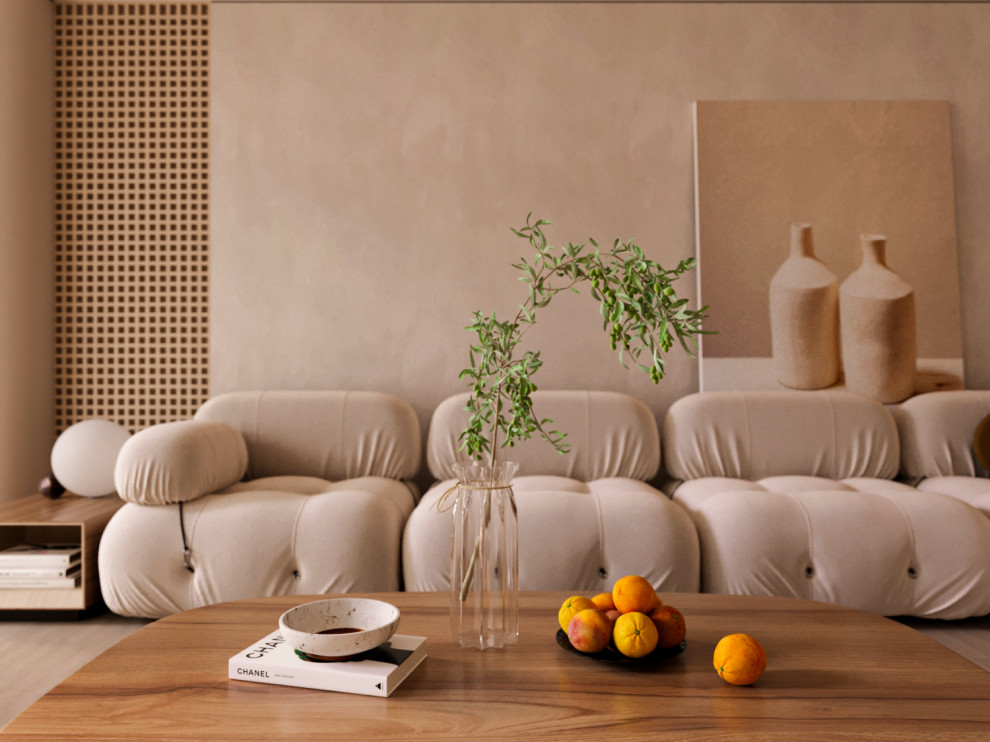 кухня-гостиная в тёплом стиле.