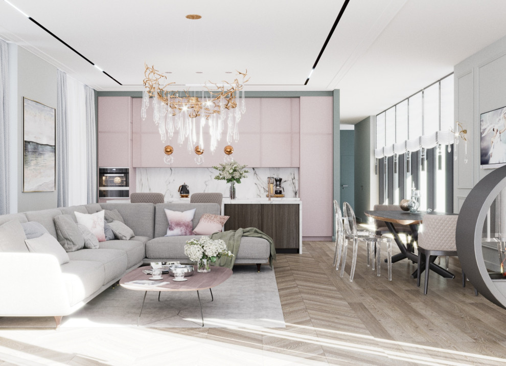 Проект интерьера общей зоны современного коттеджа