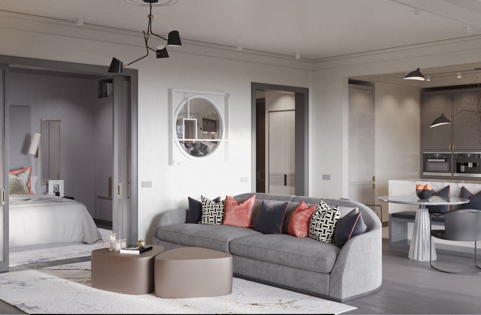 Монохромный интерьер с яркими акцентами