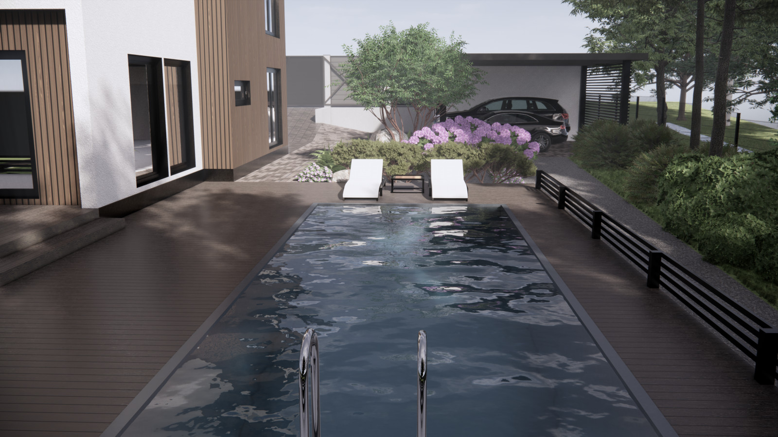 Вид от бассейна на зону въезда