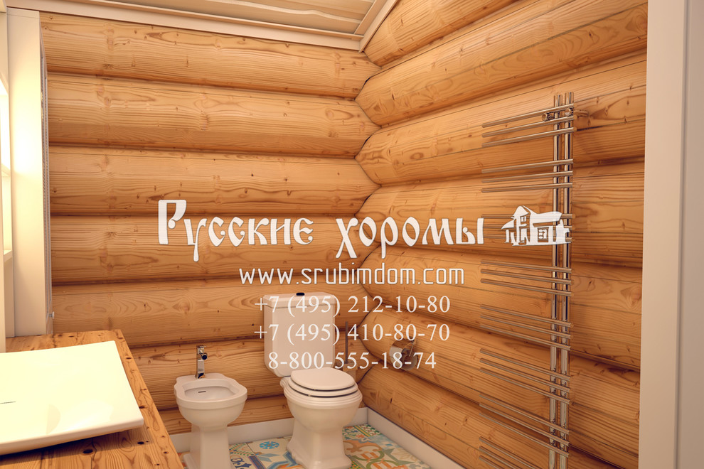 Дизайн проект санузла в двухэтажном гараже из рубленного бревна