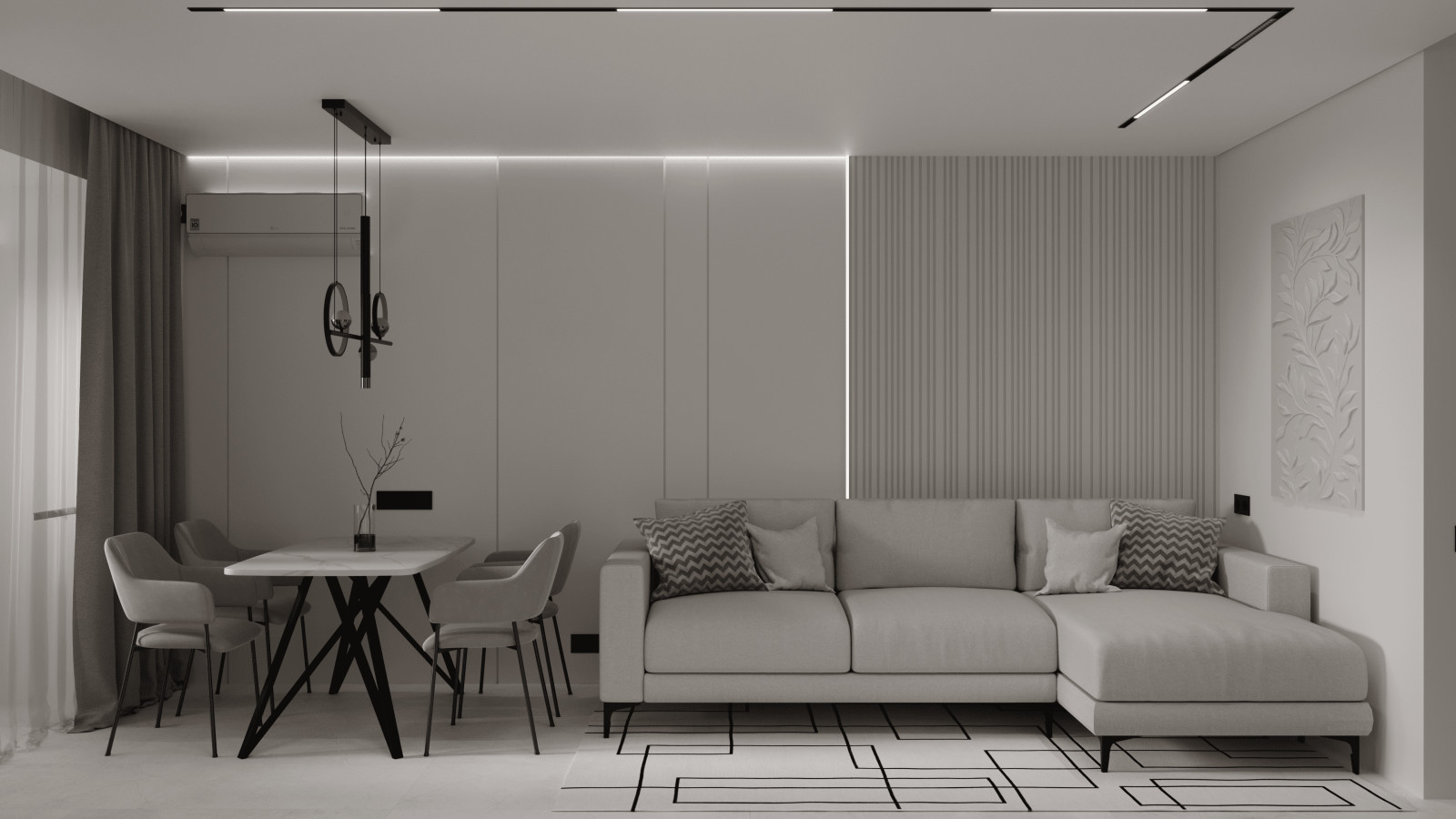 Монохромный минимализм в дизайне квартиры 100 кв. м. для семейной пары