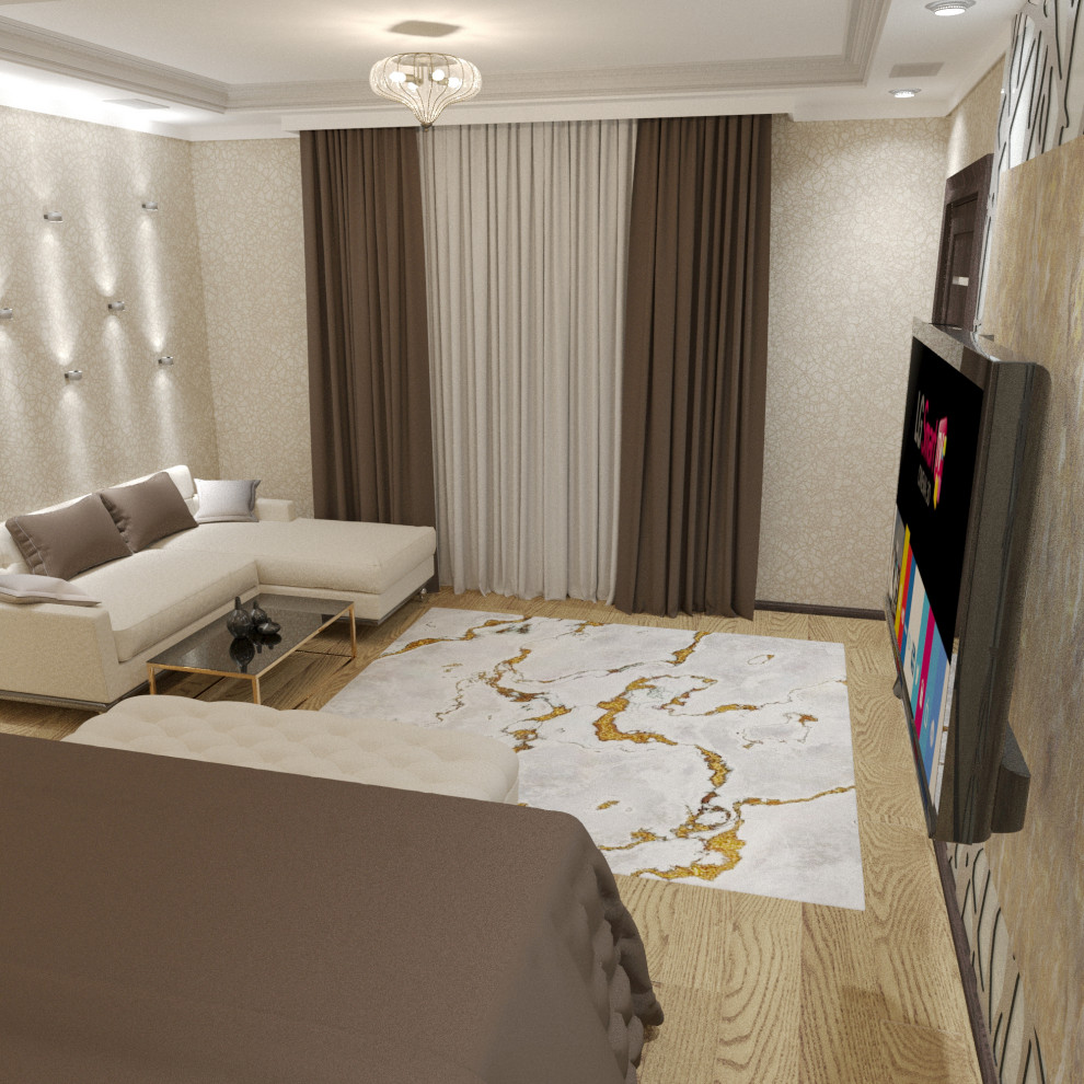 Спальня для семейной пары с переходом в гардеробную