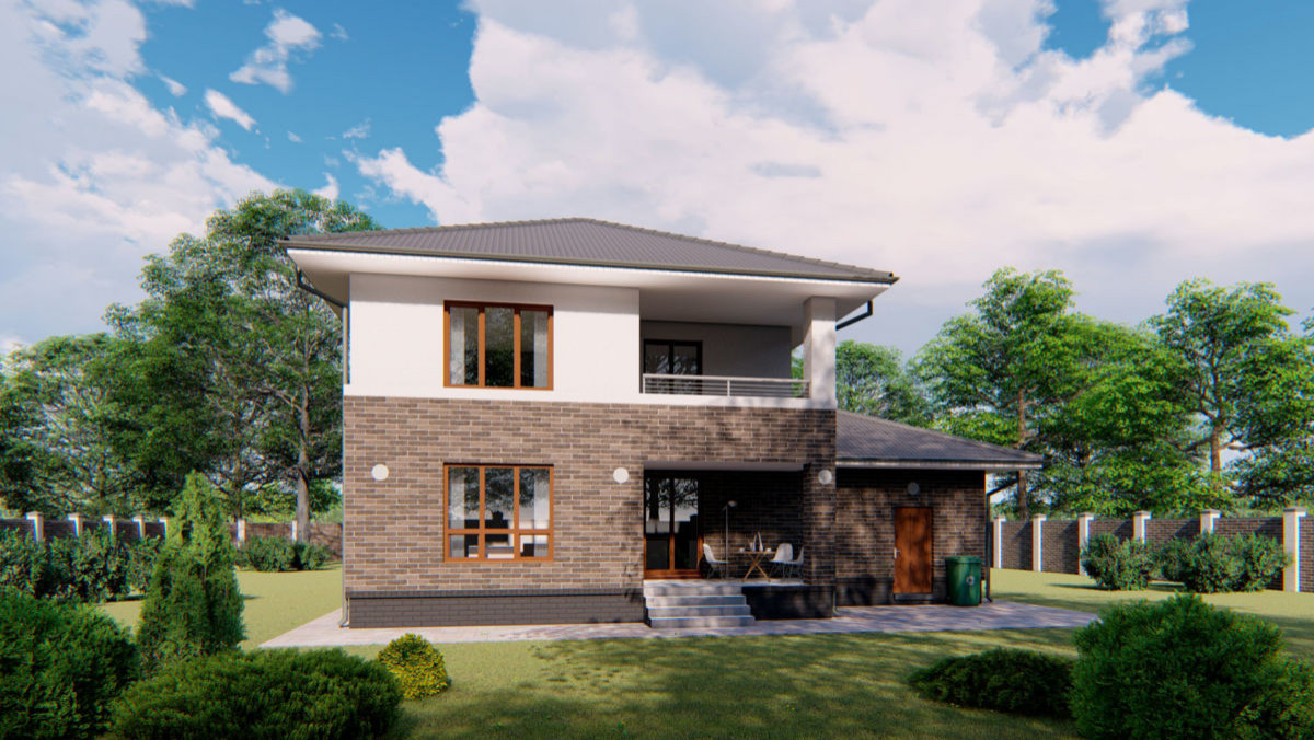 Проект двухэтажного дома с гаражом, балконом и террасой