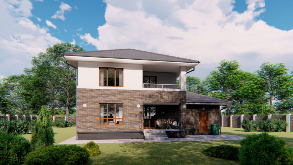 Проект двухэтажного дома с гаражом, балконом и террасой