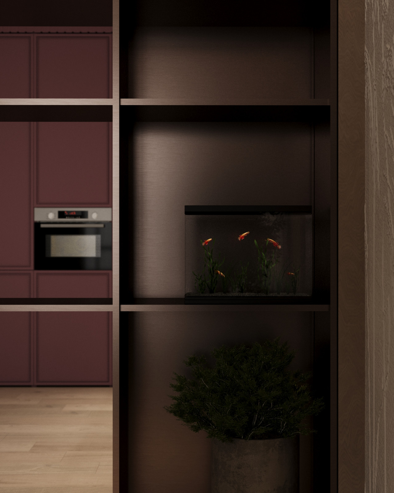 Кухня-гостиная с нотками бордо