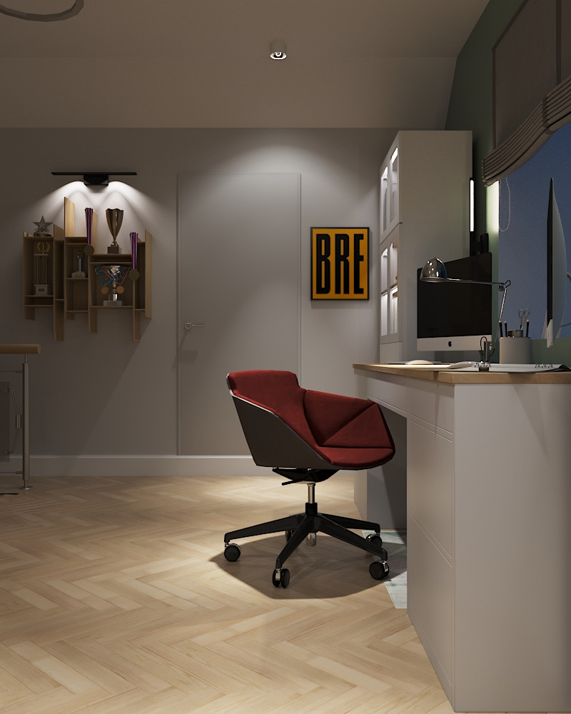 Кабинет, спортуголок и гостевая зона на чердаке дома