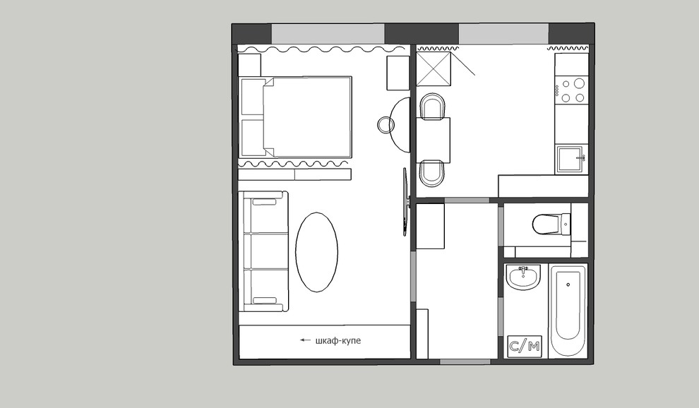 Пример расстановки мебели 1к квартира 33 кв.м