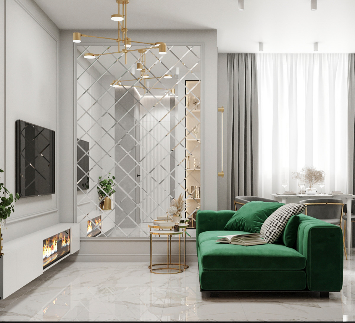 Квартира с гостиной с элементами ар-деко в современной интерпретации