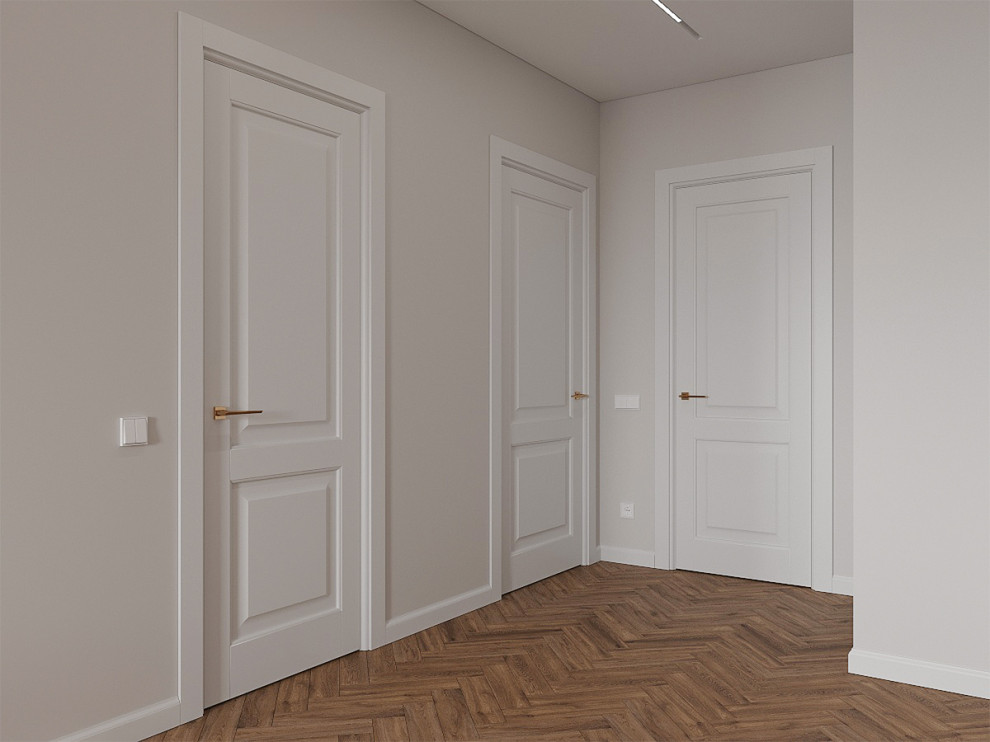 Неоклассический интерьер прихожей и кухни-гостиной