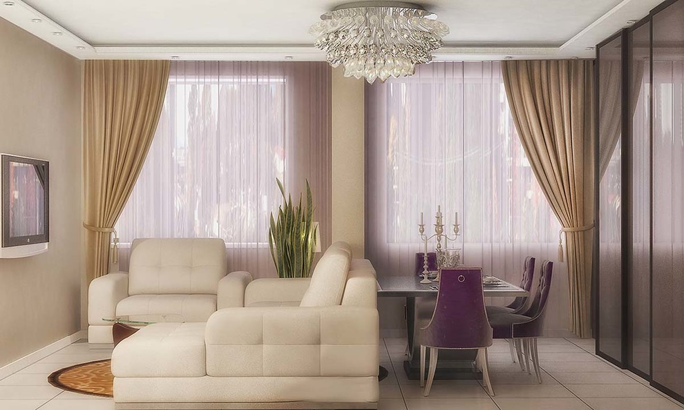 Трехкомнатная квартира. Вид со стороны прихожей на жилое пространство (гостинная