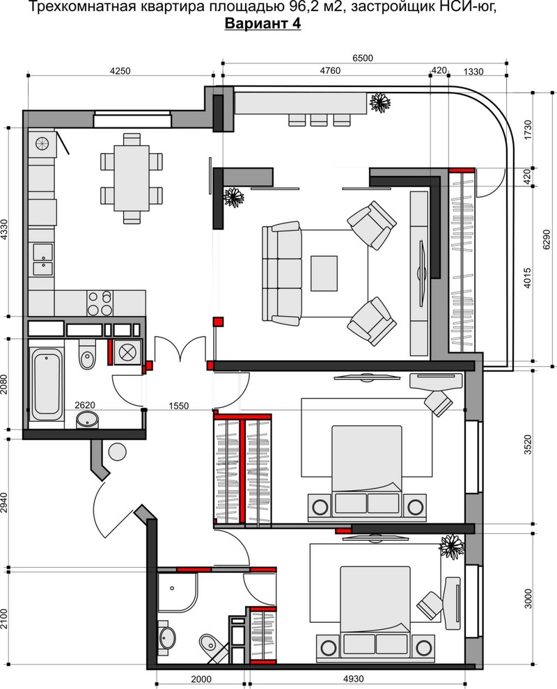Варианты перепланировки трехкомнатной квартиры+исходный план от застройщика