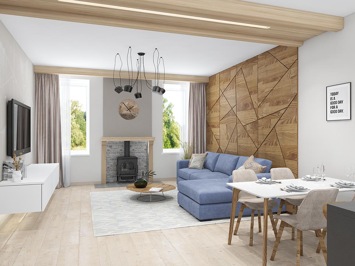 Обложка проекта: Кухня-гостиная с деревянными панелями