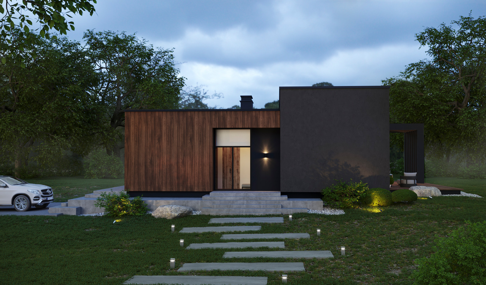 Современный дом для одной семьи простой формы с гаражом на одну машину