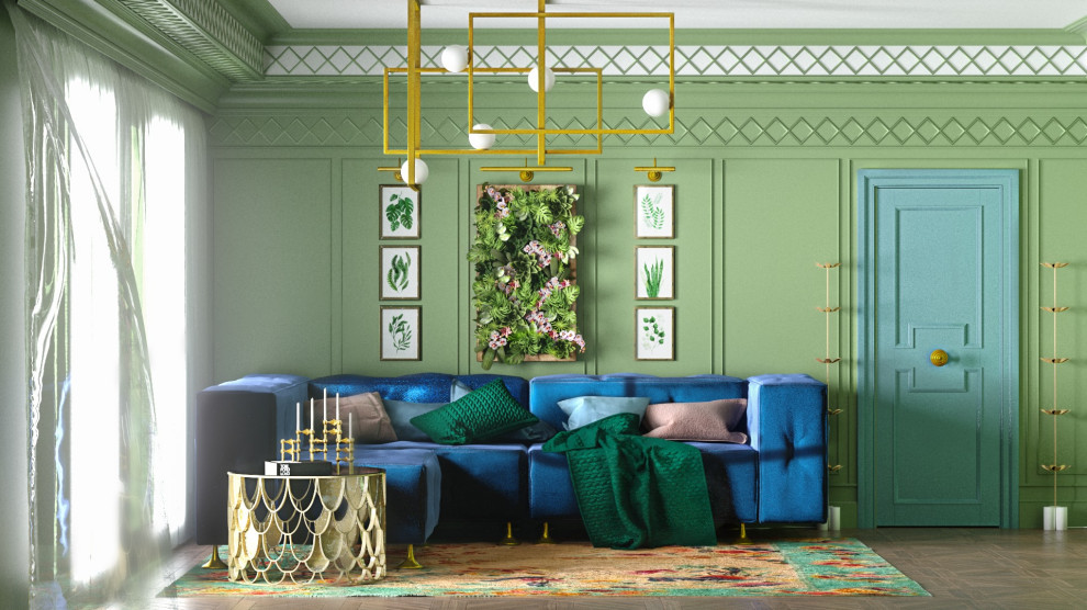Обложка проекта: Классическая, зеленая гостиная с синим, бархатным диваном.
