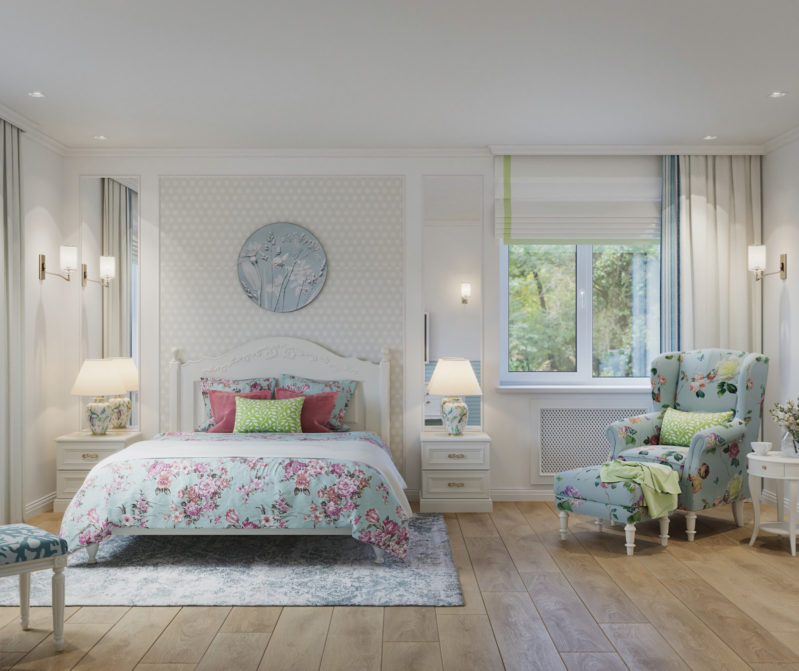 Коттедж. Птицы в доме. Спальня