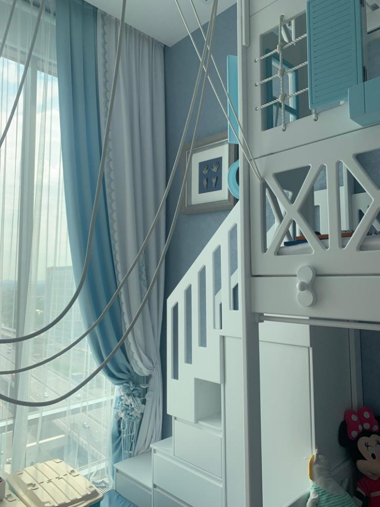 Отделка квартиры штукатуркой перламутровый песок в благородном голубом оттенке