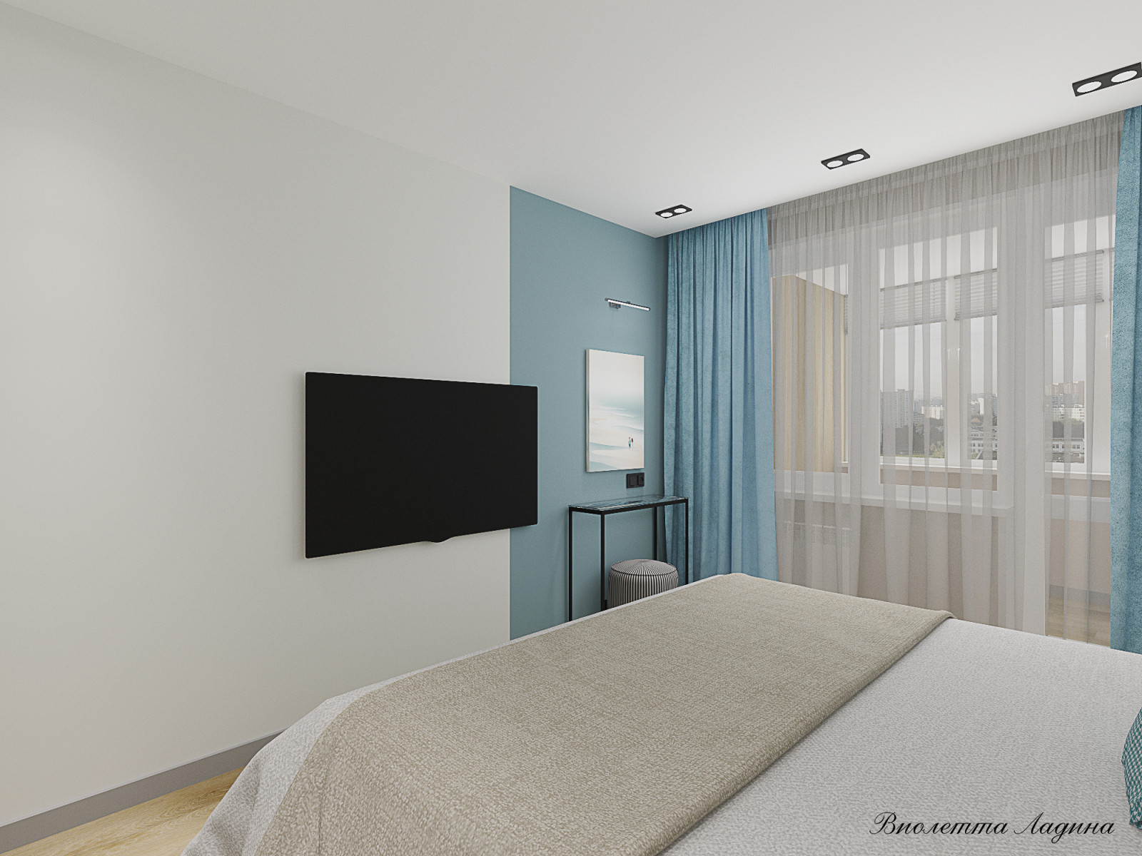 Трешка в панельном доме в современном стиле с голубым акцентом.