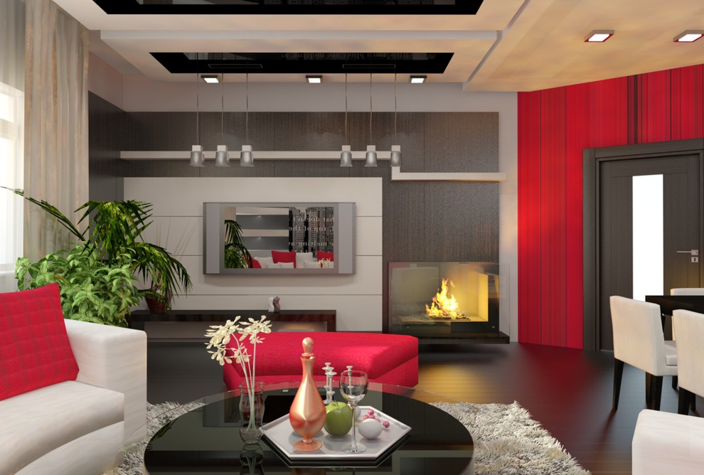 Интерьер загородного дома с красными акцентами