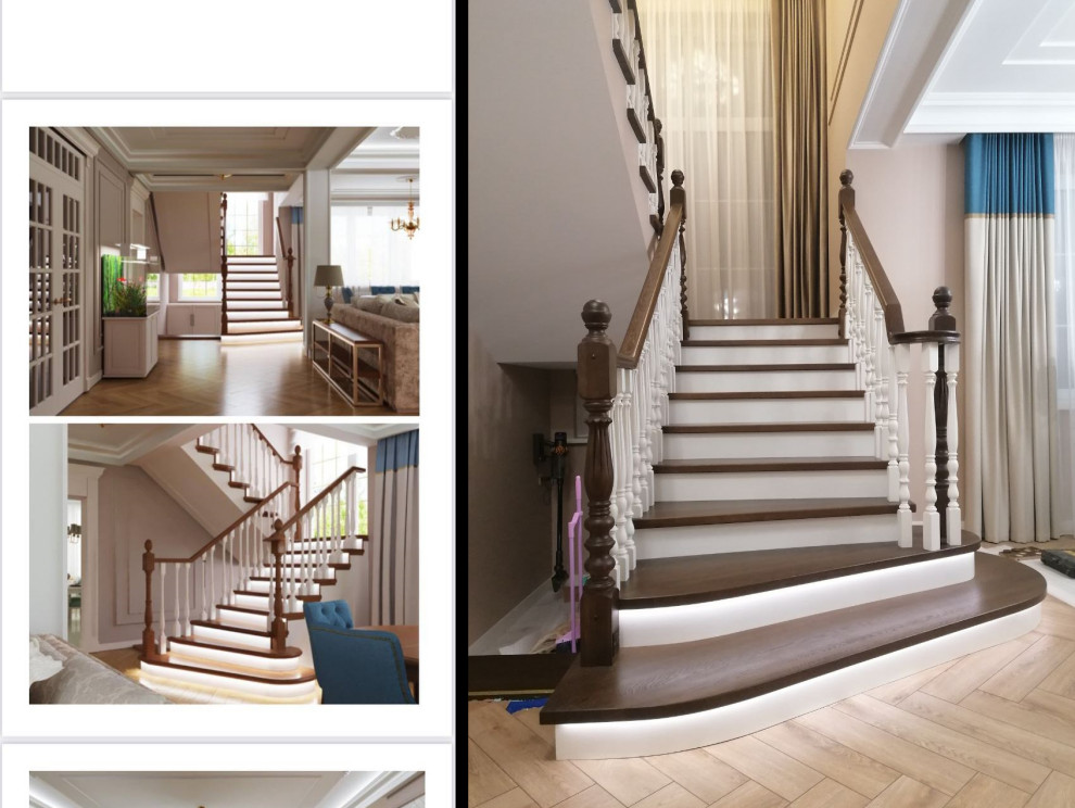 Обложка проекта: Лестница в шпоне дуба с радиусными поручнями и подсветкой