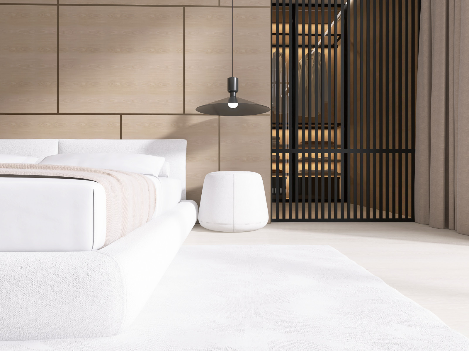 Мастер-блок с собственным гардеробом, необычным полками для книг и ковром на всю