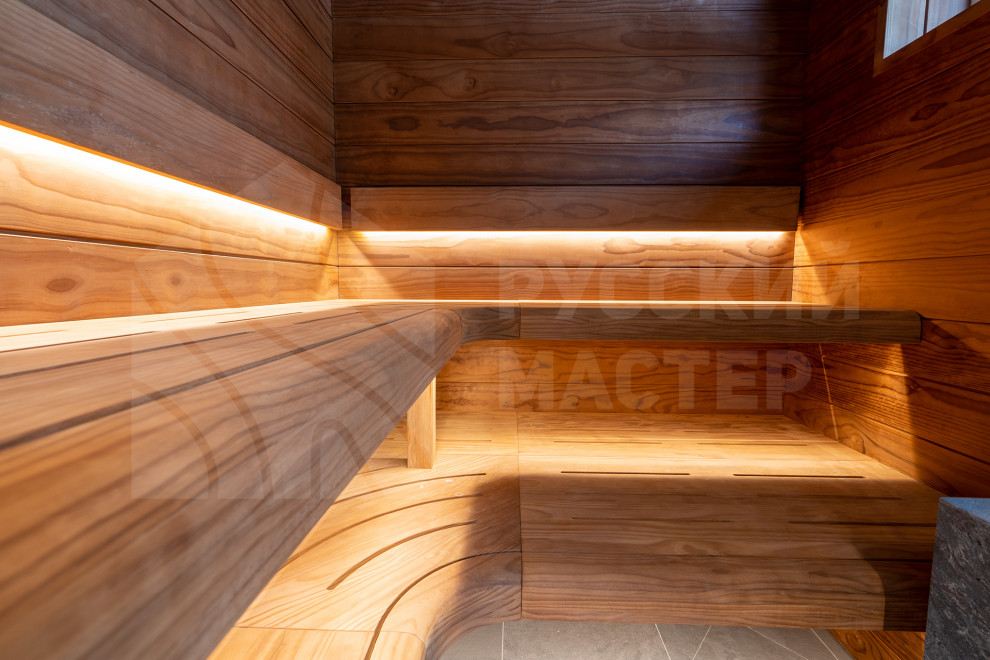 Сауна с изогнутыми полками из новозеландской сосны Pino Premio