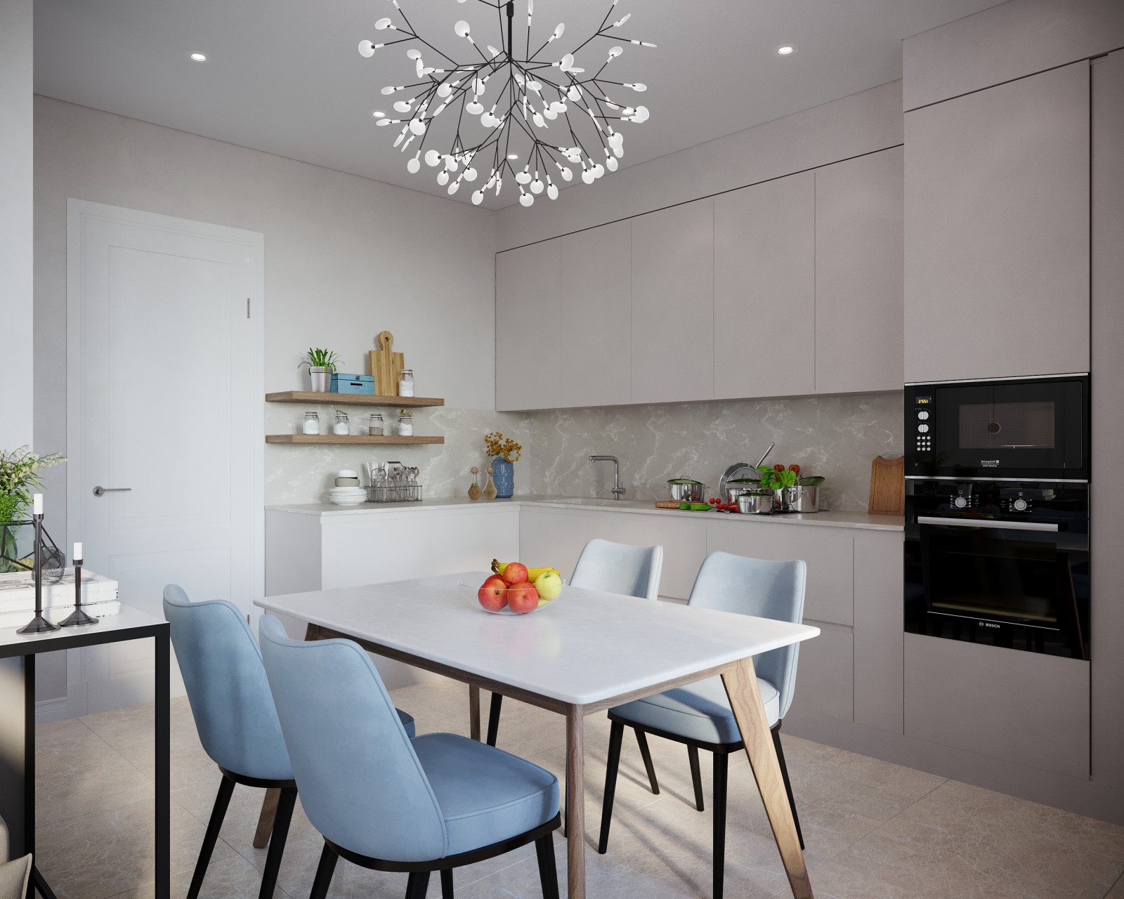 Визуализация гостиной с зоной кухни в московской квартире