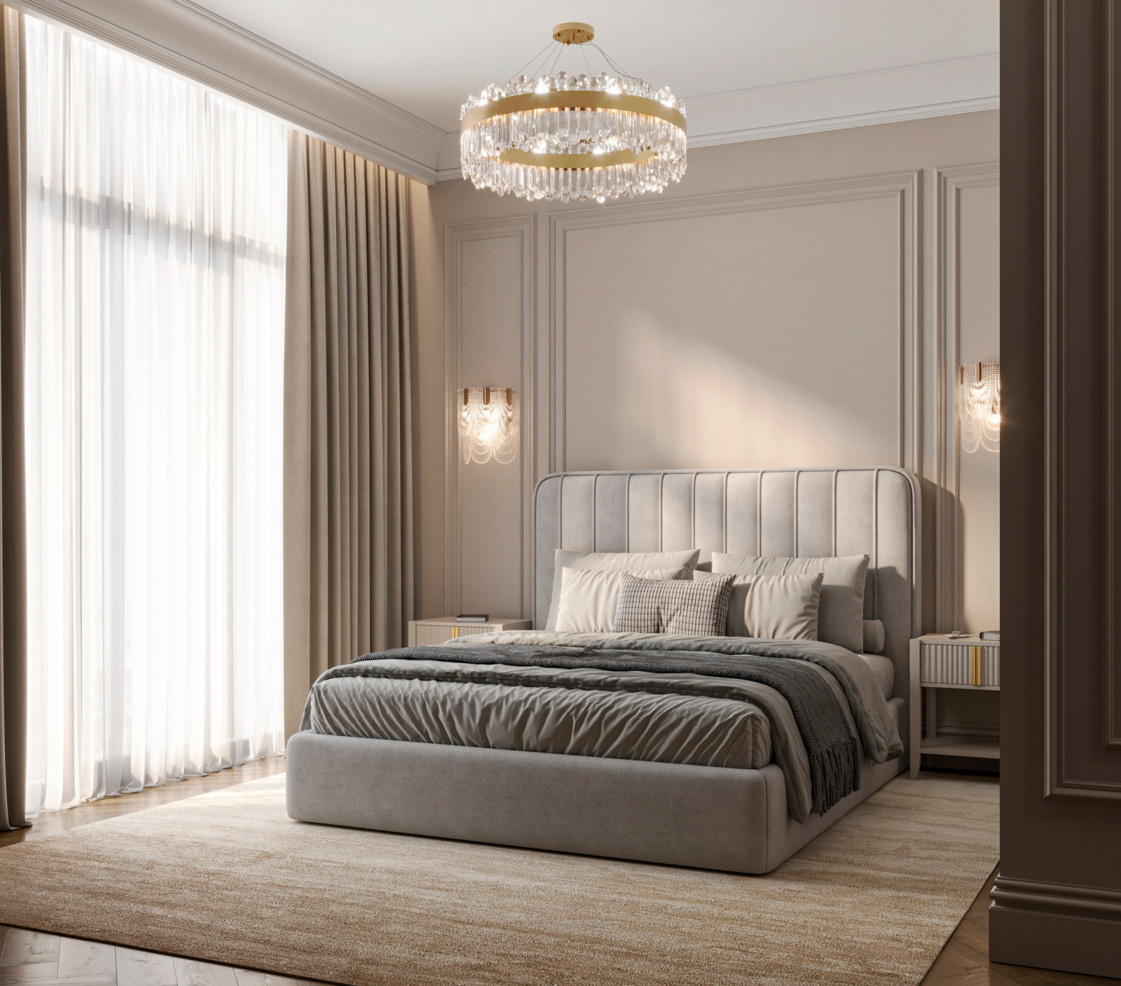 Спальня неоклассика в светлых тонах с гардеробом