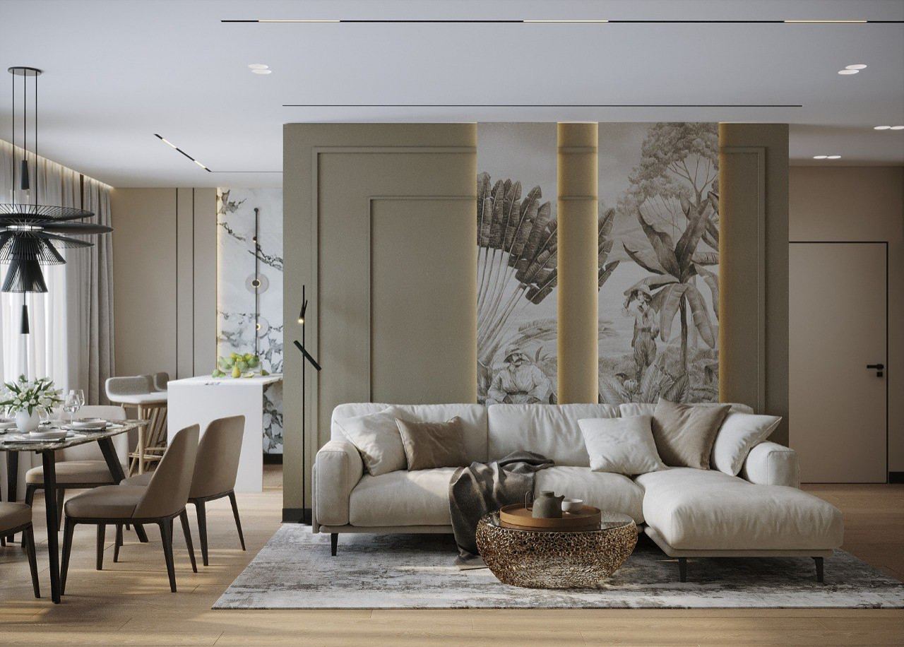 Дизайн кухни-гостиной в природных цветах