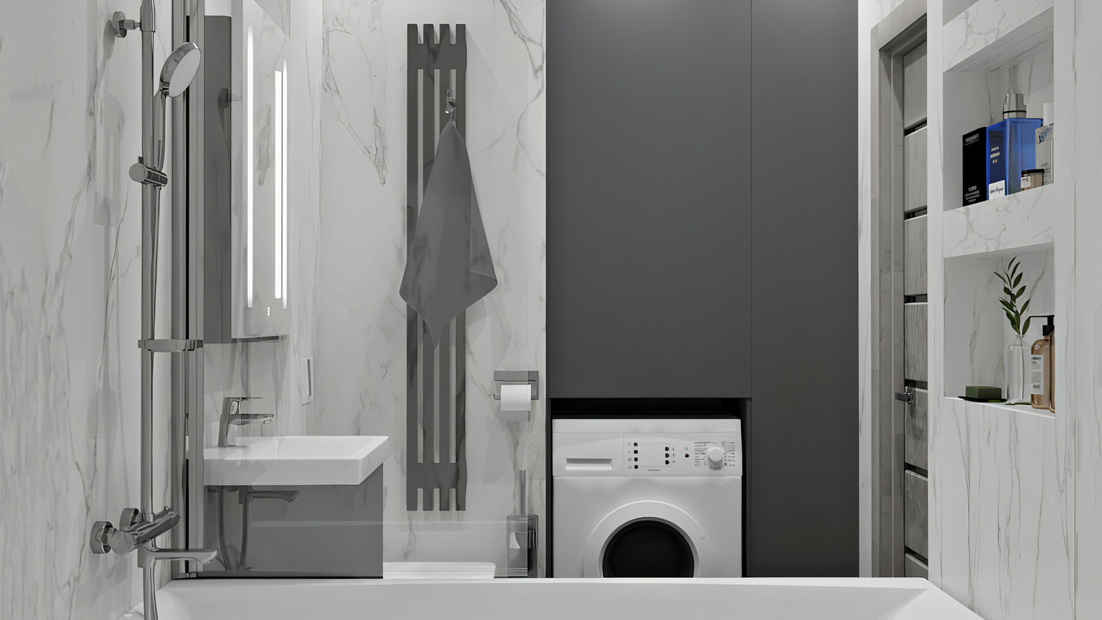 Монохромная ванная в минималистичном стиле