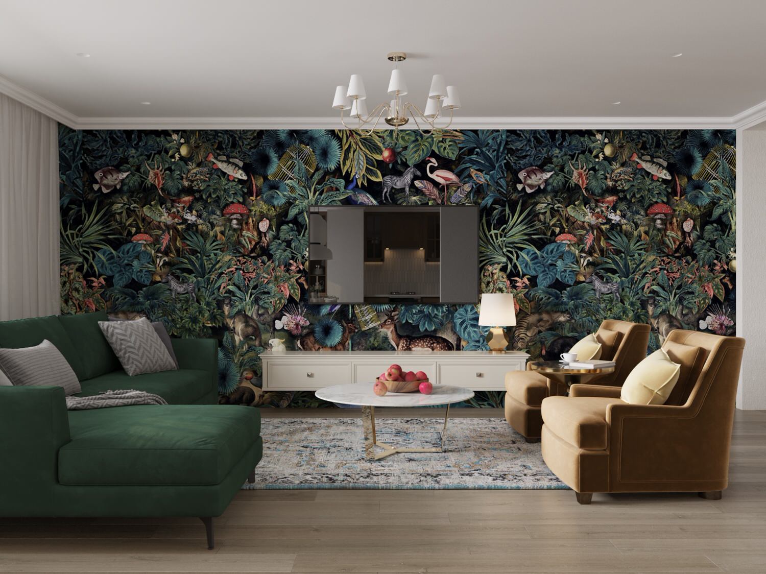 Кухня-гостиная с яркой стеной