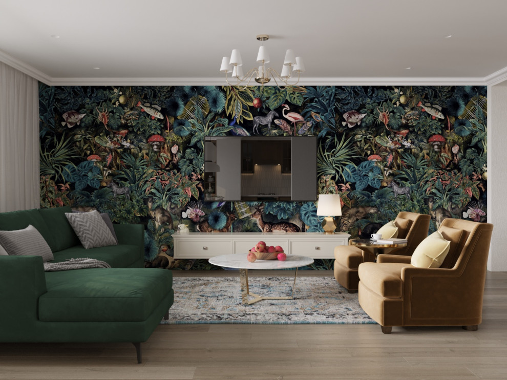 Кухня-гостиная с яркой стеной