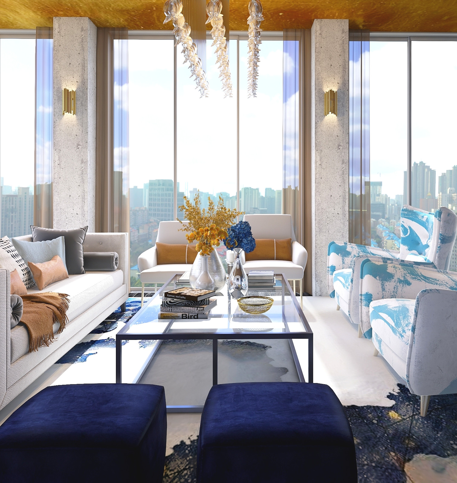 Большая гостиная с золотым потолком