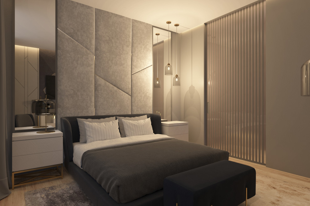 Дизайн мастер спальни двухуровневой квартиры в Москве