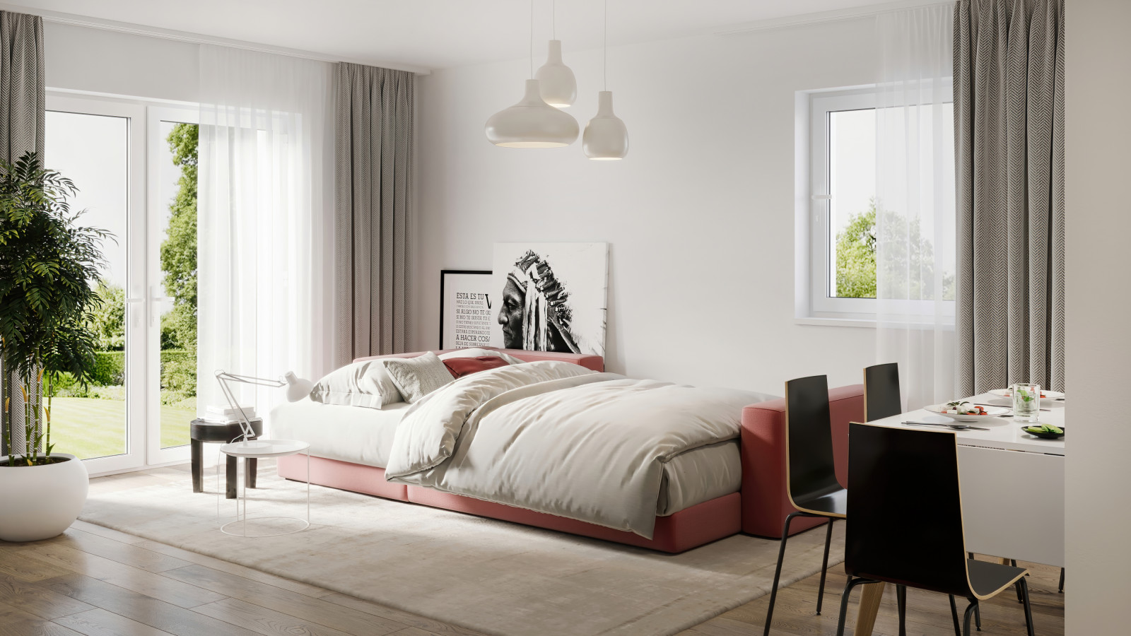 3D-Visualisierung des Wohn- und Schlafzimmers