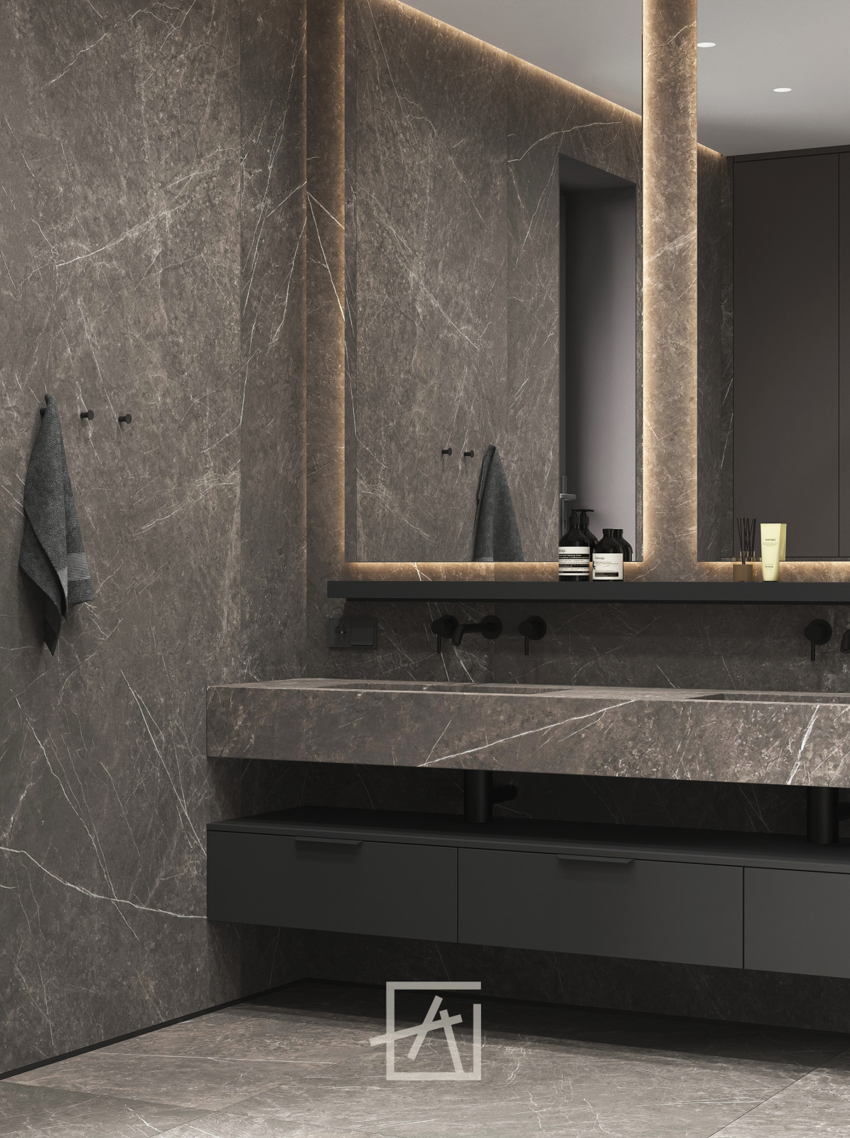 Минималистичный дизайн ванной комнаты в имитации камня