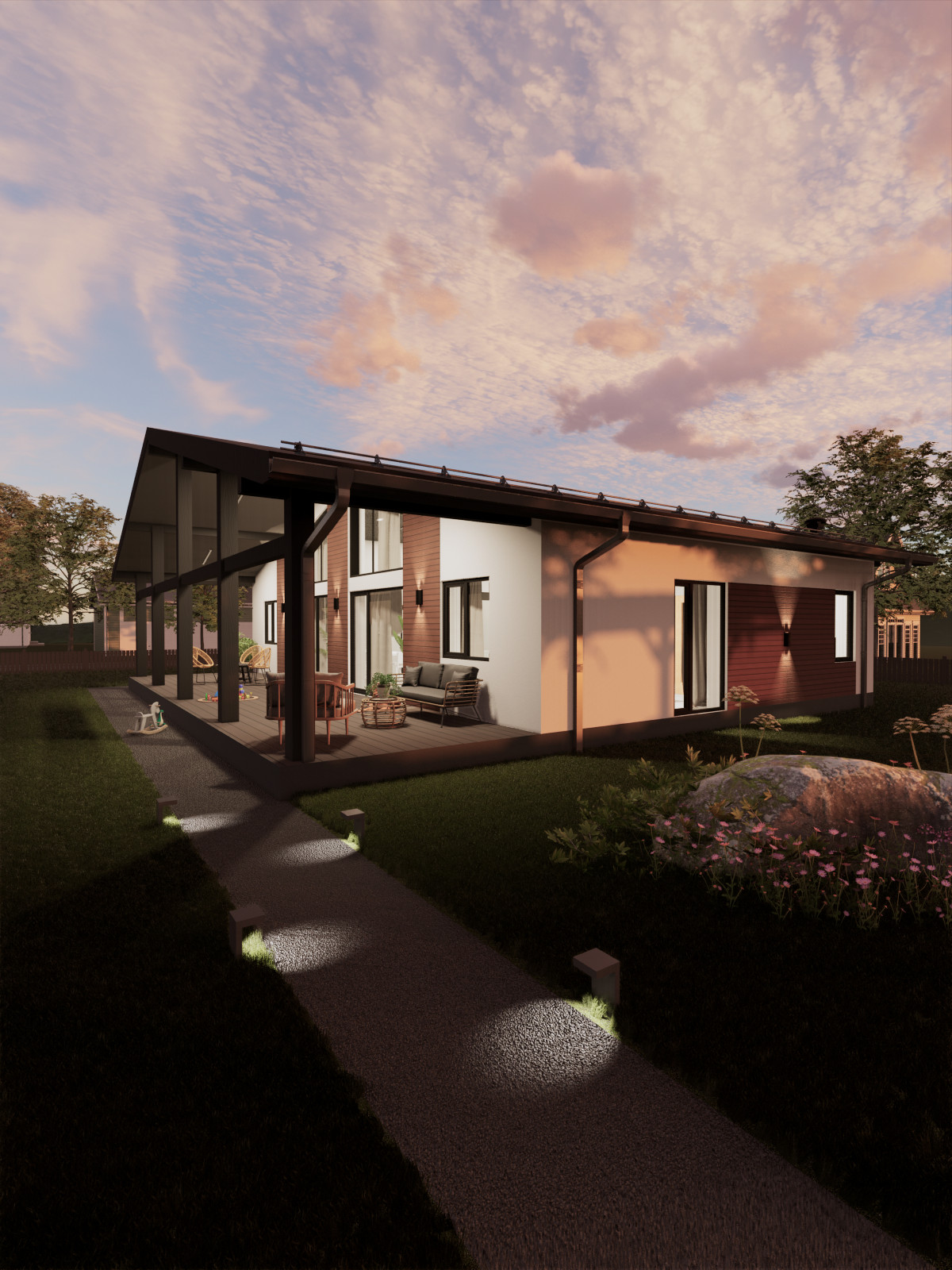 Одноэтажный дом с открытой террасой